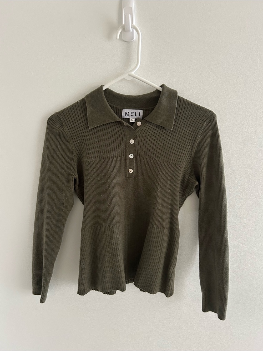 Olive Ribbed Polo Long-Sleeve Top - Women's